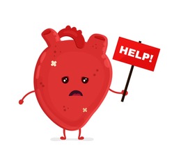 Sad unhealthy sick heart mascot with nameplate help.Heart attack face.Vector style cartoon character illustration icon design. Help unhealthy,healthy heart face,damage,attack,ache,pain,illness concept