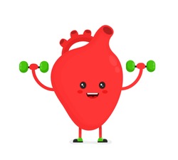 Cute happy healthy smiling heart organ doing exercises with dumbbells weights.Vector flat cartoon character illustration.Isolated on white background.Heart face,fitness exercise,sport,lifting concept 