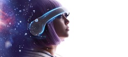 Beautiful woman with purple hair in futuristic costume over white background. Girl in glasses of virtual reality. Augmented reality, game, future technology, AI concept. VR. Blue, violet neon light.