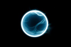 Futuristic smoke. Neon green color geometric circle on a dark background. Round mystical portal. Mockup for your logo.
