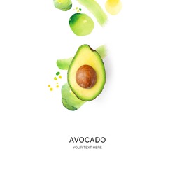 Creative layout made of avocado on the watercolor background. Flat lay. Food concept.	