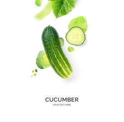 Creative layout made of cucumber on watercolour background. Flat lay. Food concept. 
