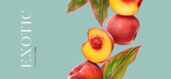 Creative concept of peach on the turquoise background.  Exotic fruits and leaves. Food concept.