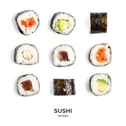 Seamless pattern with sushi. Food abstract background. Sushi on the white background.
