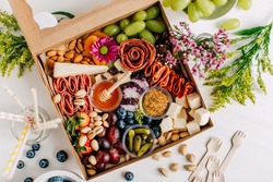 Bright and Colorful Charcuterie Boards and Boxes Fruit, Meat and Cheese