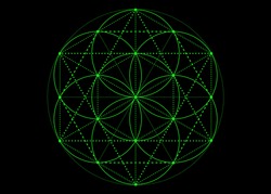 Seed of life symbol Sacred Geometry. green mystic mandala of alchemy esoteric, Flower of Life. Vector neon bright color effect isolated on black background