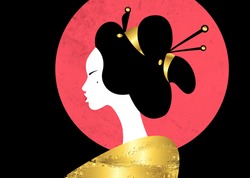 portrait of the young Japanese girl ancient hairstyle. Geisha, maiko, princess. Traditional Asian woman style. Print, poster, t-shirt, card. Vector illustration isolated on red moon, black background