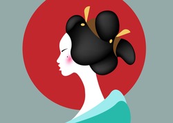 portrait of the young Japanese girl ancient hairstyle. Geisha, maiko, princess. Traditional Asian woman style. Print, poster, t-shirt, card. Vector illustration isolated on red sun vintage background