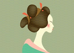 Vintage portrait of the young Japanese woman an ancient hairstyle. Geisha, maiko, princess. Traditional Asian Girl style. Print, poster, t-shirt, card. Vector old Japanese pattern green background