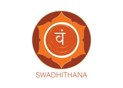 Second Swadhisthana chakra with the Hindu Sanskrit seed mantra Vam. Orange is a flat design style symbol for meditation, yoga. Round Logo template Vector isolated on white background 