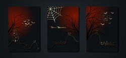 Halloween party, set gold cards spooky dark red background, silhouettes of characters and scary bats, gothic haunted castle, horror theme concept, scary pumpkin and dark graveyard, vector templates