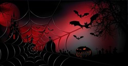 Halloween party banner, spooky dark red background, silhouettes of characters and scary bats with gothic haunted castle, horror theme concept, gold cobweb and dark graveyard, vector templates