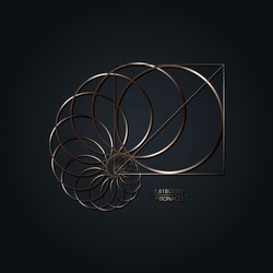 Fibonacci Sequence Circle. Golden ratio. Geometric shapes spiral. Snail spiral. Sea shell of metallic circles. Sacred geometry logo template. Logarithmic sequences. Vector isolated on black background