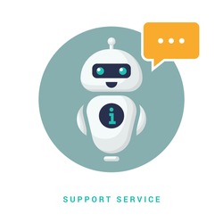 A cute smiling robot talking to a chat bot. Vector linear illustration icon. Robot assistant. Vector illustration. EPS 10.