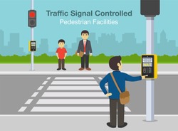 Flat vector illustration of road crossing with a traffic light. Traffic signal controlled pedestrian facilities.