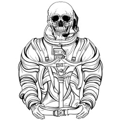 Hand drawn illustration of skeleton astronaut in spacesuit. Design for tattoo, space travel art for t-shirt, adult coloring book page. Isolated vector on background.