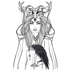 Hand drawn illustration of shaman woman in cloak with raven in hand and deer skull on the head. Alchemy, tattoo art, t-shirt design, adult coloring book page. Isolated vector on white background..