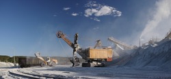 Excavator, front end loader: heavy mining machines in a working process at a mining and processing factory, panorama.