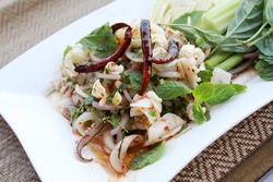 Thai style spicy minced squid salad, North Eastern of Thailand's famous menu. On Thai's style plate mat background.