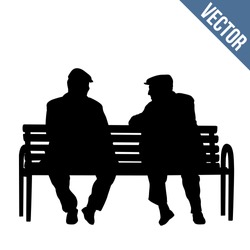 Two elderly people silhouettes sitting on a park bench on white background, vector illustration 