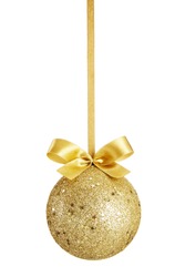 Gold Christmas ball with bow isolated on white background