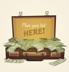Open suitcase full of money, business illustration