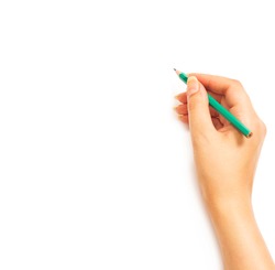 Woman's hand holding a pencil on a white white background