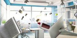 Sunny office with objects flying around