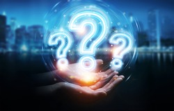 Man hand on dark background using digital question marks holographic interface 3D rendering