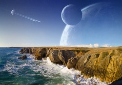 Distant planet system view from cliffs and ocean 'elements of this image furnished by NASA' '3D rendering'