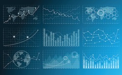 Numerous charts, screens and graphics background interface