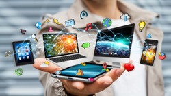 Businessman connected tech devices and icons applications with his mobile phone 3D rendering