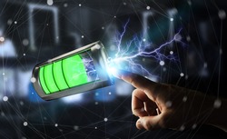 Man on blurred background touching 3D render battery with lightning with his finger