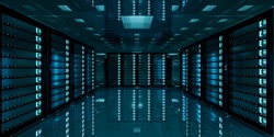 Dark server room data center storage with blue lights 3D rendering