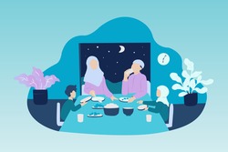 Muslim Familiy having dinner together. Break the fast in month of ramadhan.