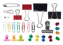 complete collection of various type of paper clip on white background. each one is shot separately