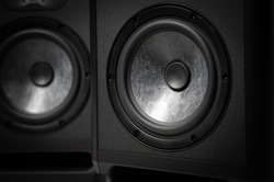 Professional hi fi speakers in sound recording studio. High fidelity speaker box for musician. Curated collection of royalty free photos and pictures for wallpaper design background 