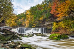 Ohio's Great Falls of Tinker's Creek is surrounded by a beautiful display of fall foliage color.