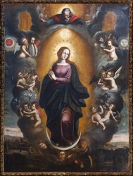 Painting of Our Lady Immaculate With God, Angels and landscape- Sicily - seventeenth century