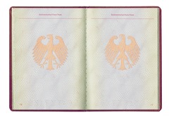 An empty inside page of a German passport, full open, blank for visa, isolated on white background, closeup