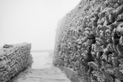 Stone fence and stone wall covered with ice and snow. Black and white.