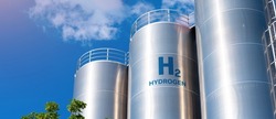 Hydrogen renewable energy production - hydrogen gas for clean electricity solar and windturbine facility. 