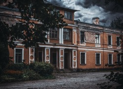 Old scary abandoned mansion with dark horror atmosphere