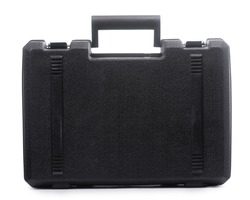Closed black plastic case, tool box isolated on white background