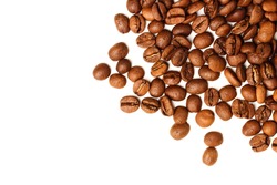 Coffee beans in bulk on a white background. View from above
