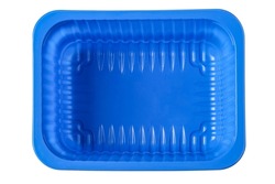 Blue plastic food container isolated on white. View from above