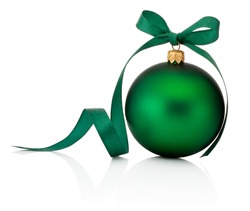 Green Christmas bauble with ribbon bow isolated on white background
