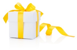 White gift box tied yellow ribbon bow Isolated on white background