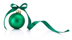 Green Christmas bauble with ribbon bow isolated on white background