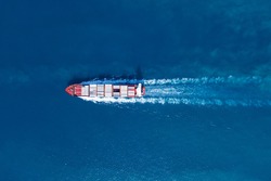 Large container ship at sea - Top down Aerial image